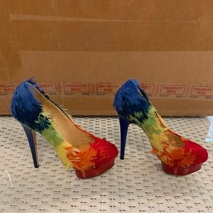 Charlotte Olympia rainbow red yellow green blue orange pride feather pump sz 38